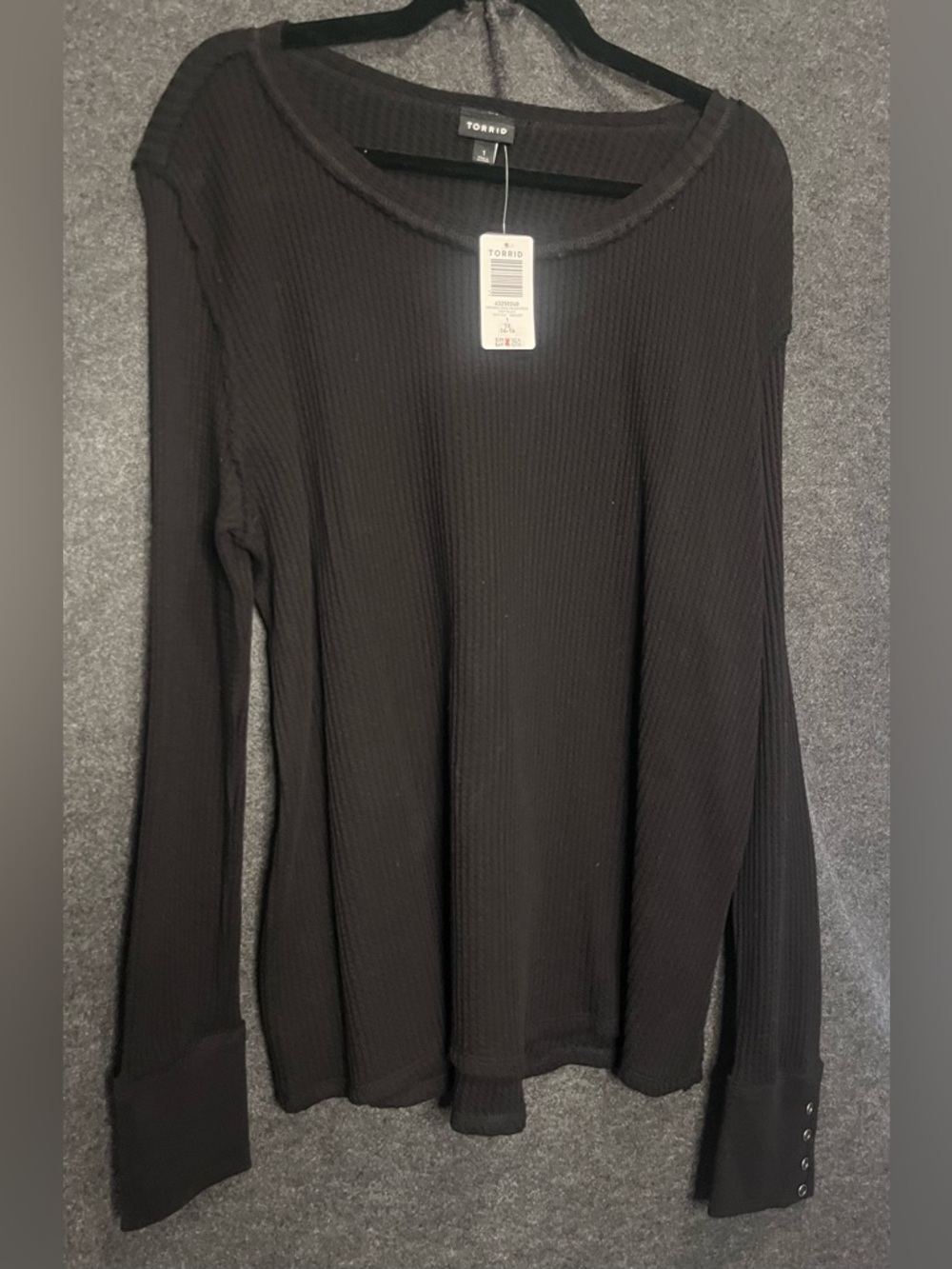 Torrid 1(1X) Deep Black Cotton Thermal Crewneck Long Sleeve Fitted Tee NWT NEW